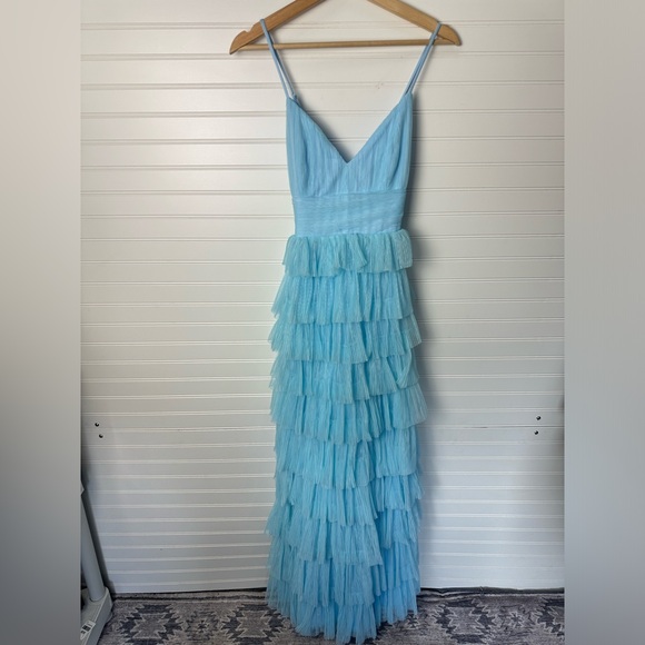 Lulus Radiant Event Light Blue Mesh Tiered Pleated Backless Maxi Dress - Picture 7 of 10